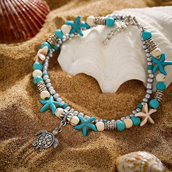 Starain Blue Turtle Anklets for Women Girls Multilayer Beads Handmade Beach Ankle Bracelet Set Boho Foot Jewelry