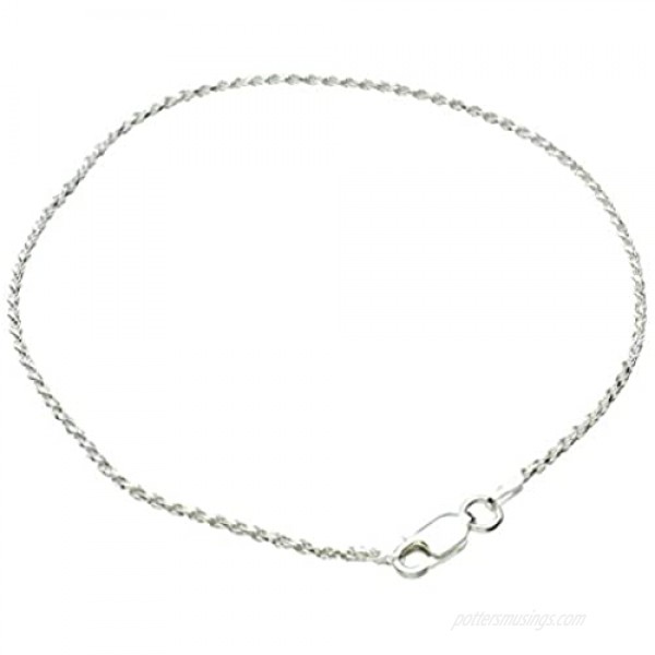Sterling Silver 1.5mm Diamond-Cut Rope Nickel Free Chain Anklet Italy 9