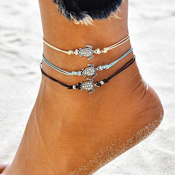 Suyi 5Pcs Beach Turtle Anklet Boho Handmade Adjustable Anklet Layered Rope Anklet Foot Chain for Women
