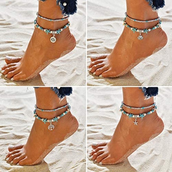 Suyi 5pcs Layered Beach Anklets for Women Girls Adjustable Sea Turtle Anklets Bracelets Boho Anklet Foot Jewelry