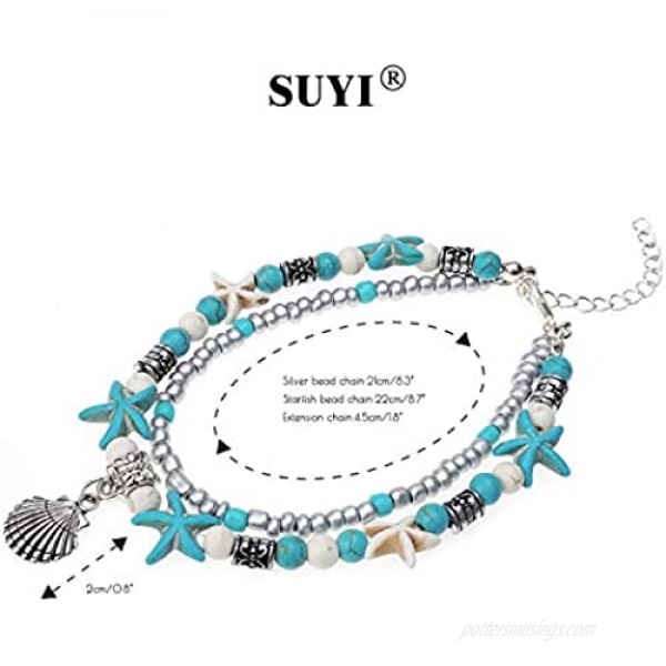 Suyi 5pcs Layered Beach Anklets for Women Girls Adjustable Sea Turtle Anklets Bracelets Boho Anklet Foot Jewelry