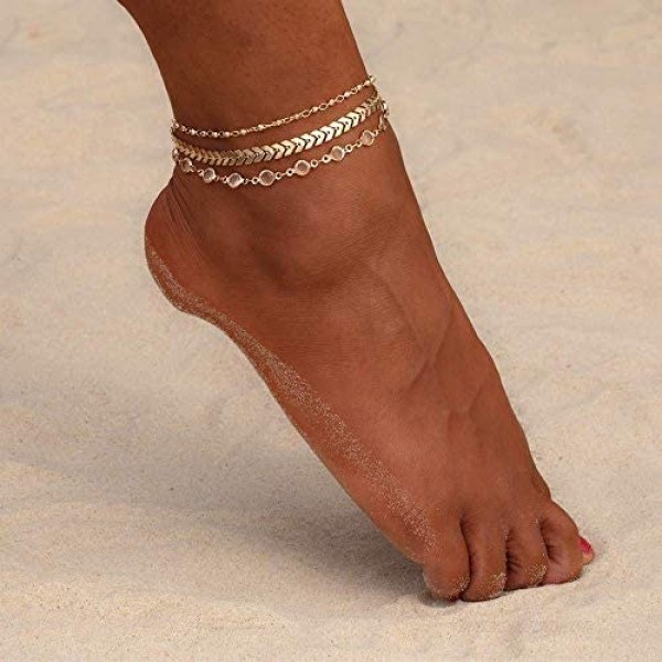 Tasiso 14K Gold Plated Layered Satellite Heart Anklet Layering Beads Sphere Boho Ankle Bracelet Minimalist Simple Dainty Jewelry for Women 8.5''