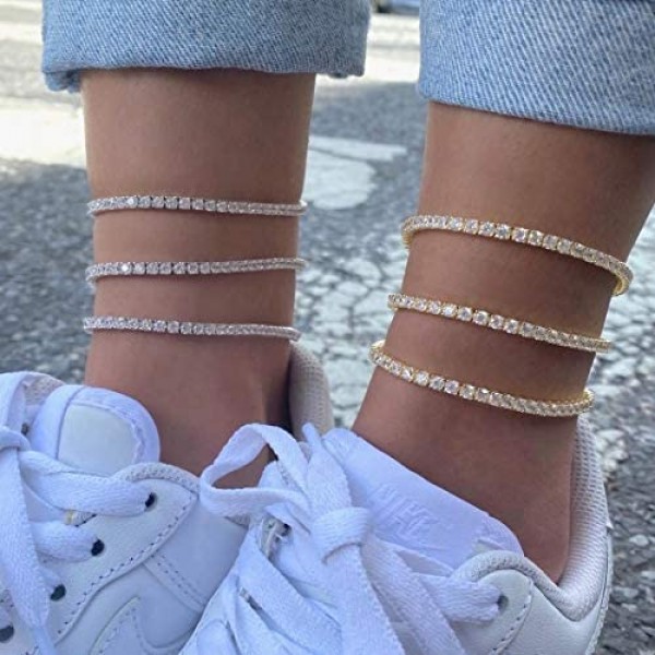 TOPGRILLZ 3-6mm Tennis Chain Anklet with Extension Bracelet for Women 14K Gold Plated CZ Diamond Fashion Foot Jewelry Gifts