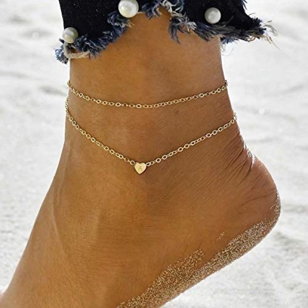 Turandoss Heart Initial Ankle Bracelets for Women 14K Gold Filled Handmade Dainty Layered Anklet Letter Initial Heart Ankle Bracelets for Women Beach Jewelry Gifts