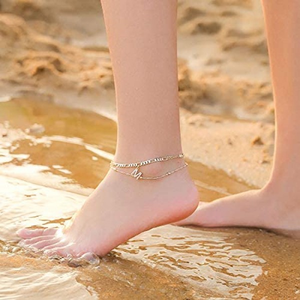 Ursteel Ankle Bracelets for Women 14K Gold Plated Dainty Layered Figaro Chain CZ Initial Anklets Summer Jewelry Gifts for Women Teen Girls