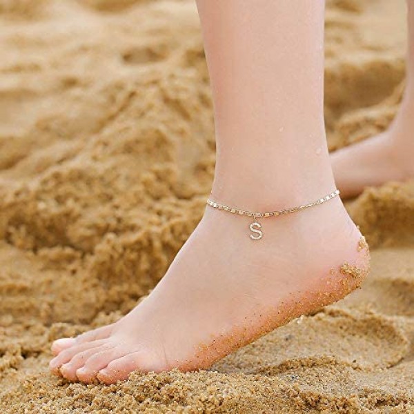 Ursteel Ankle Bracelets for Women 14K Gold Plated Dainty Layered Figaro Chain CZ Initial Anklets Set Summer Jewelry Gifts for Women Teen Girls