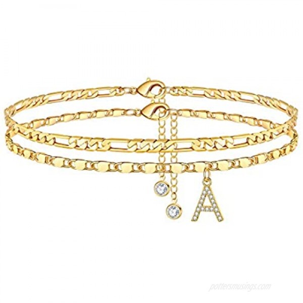 Ursteel Ankle Bracelets for Women 14K Gold Plated Dainty Layered Figaro Chain CZ Initial Anklets Set Summer Jewelry Gifts for Women Teen Girls