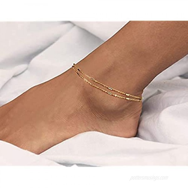 Valloey Rover Women Handmade Dainty Anklet Silver 14K Gold Plated Bead Boho Beach Rhinestone Foot Chain Adjustable Ankle Bracelet for Women