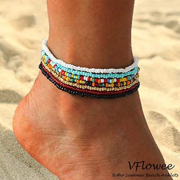 VFlowee Boho Handmade Beaded African Anklets Multicolor Women Stretch Seed Beads Rainbow Ankle Bracelets Glass Bead Bracelet Elastic Foot and Hand Chain Jewelry (7PCS)