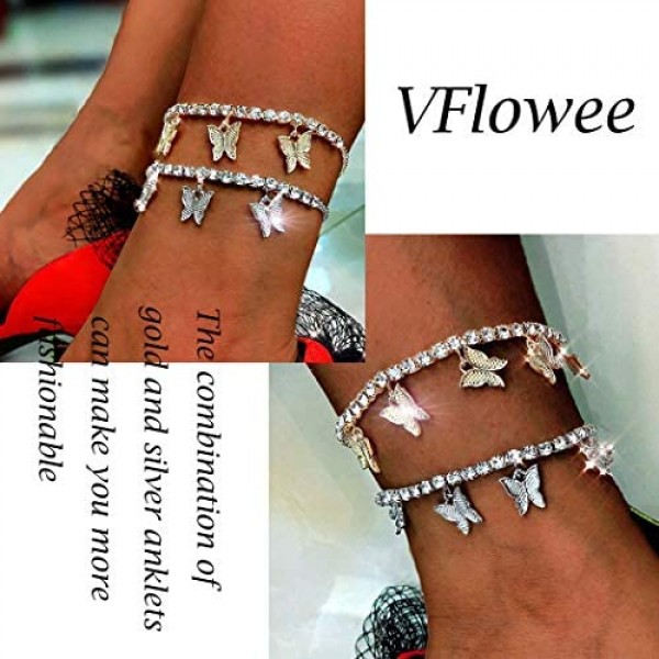 VFlowee Butterfly Crystal Anklets Women Sparkly Ankle Bracelets Butterflies Bracelet Rhinestone Foot and Hand Chain Jewelry