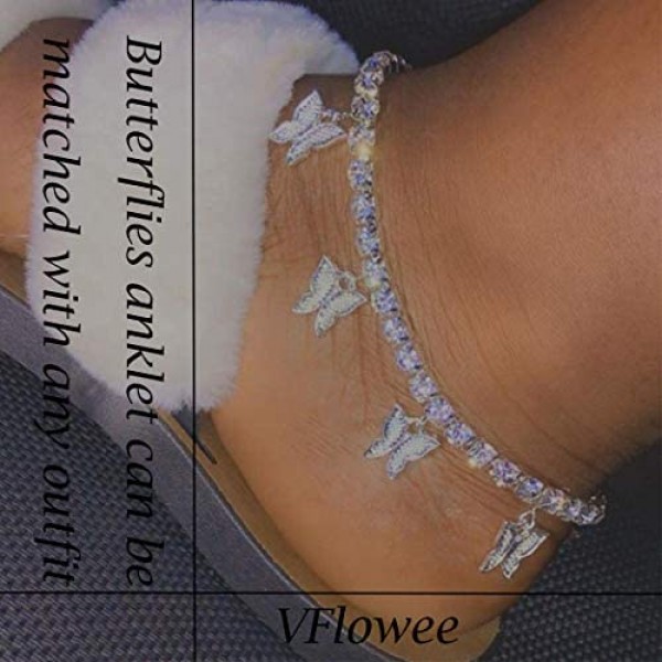 VFlowee Butterfly Crystal Anklets Women Sparkly Ankle Bracelets Butterflies Bracelet Rhinestone Foot and Hand Chain Jewelry