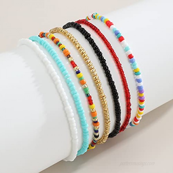 Women Boho Beads Anklets Colorful Stretch Rainbow Ankle Bracelets Beaded Bracelet Elastic Foot and Hand Chain Jewelry (7PCS)