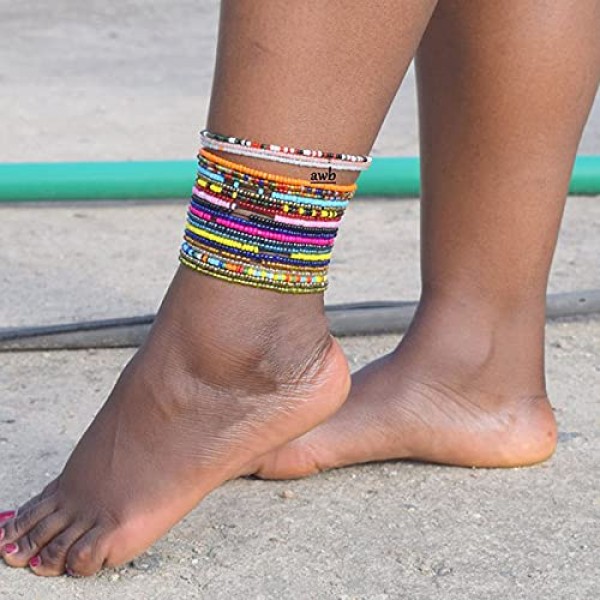Women Boho Beads Anklets Colorful Stretch Rainbow Ankle Bracelets Beaded Bracelet Elastic Foot and Hand Chain Jewelry (7PCS)