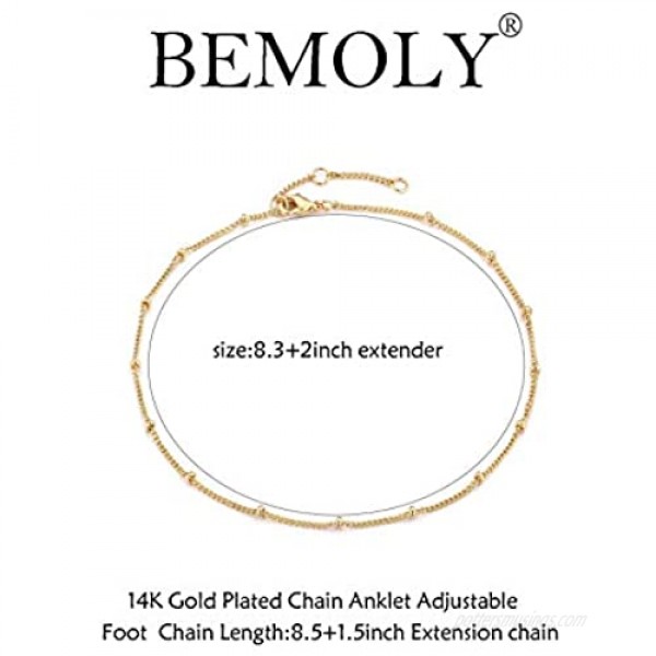 Women Dainty Anklet 14K Gold Plated Satellite Anklet Double Layered Cute Beads Chain Tassel Coin Disc Heart Summer Ankle Bracelet Boho Beach Foot Chain