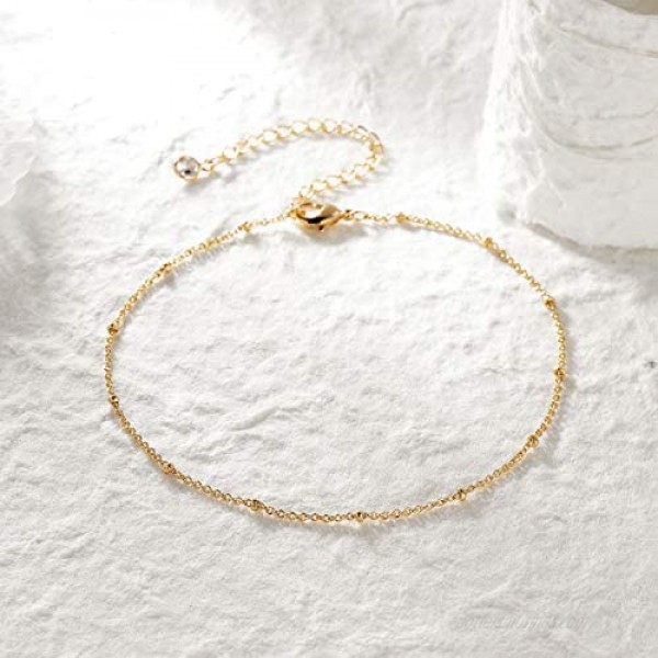 Women Dainty Anklet 14K Gold Plated Satellite Anklet Double Layered Cute Beads Chain Tassel Coin Disc Heart Summer Ankle Bracelet Boho Beach Foot Chain