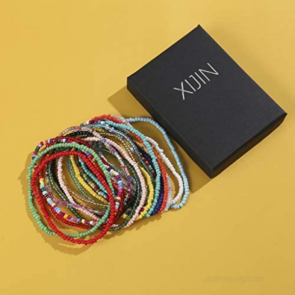 XIJIN 18 Pieces Elastic Beaded Anklets for Women Girls Handmade Beach Boho Colorful Beads Ankle Bracelets Set