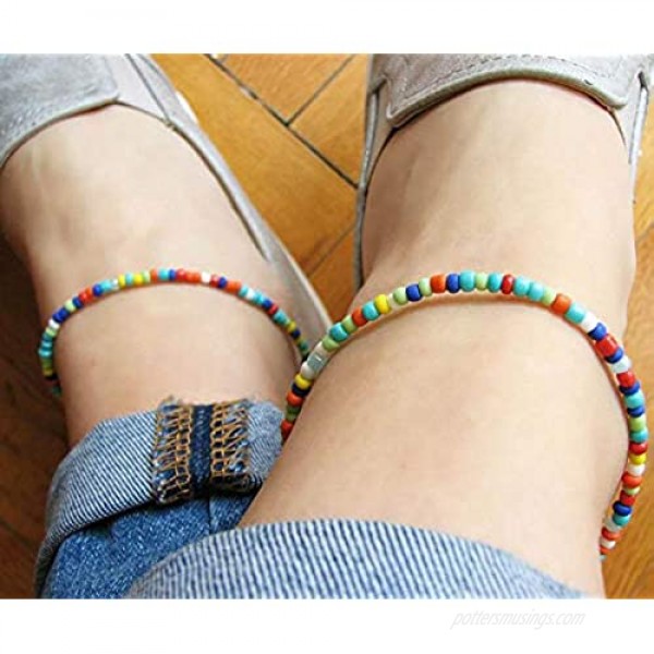 XIJIN 8Pcs Handmade Beaded Anklets for Women Girls Boho Colorful Beads Ankle Bracelets Adjustable Foot Anklet Set