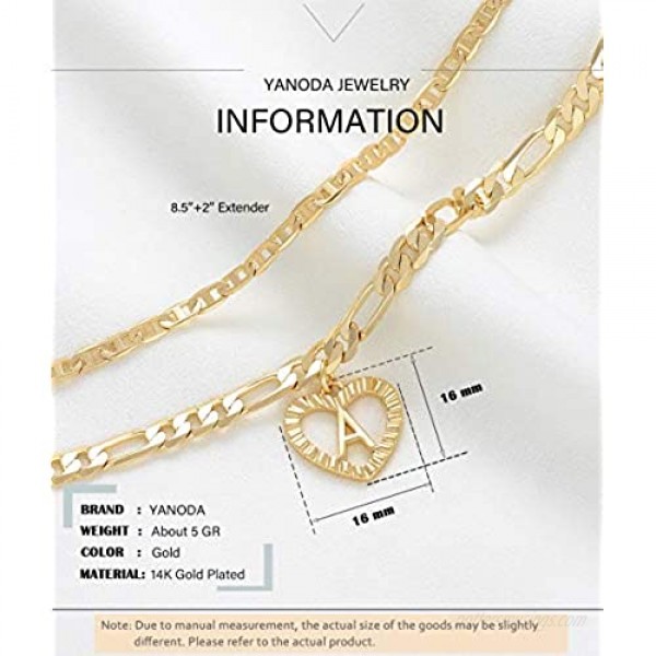 YANODA Initial Ankle Bracelets for Women 14K Gold Plated Layered Figaro Chain Letter Initial Anklets Handmade Layered Heart Ankle Bracelets Personalized Gifts for Women Teen Girls