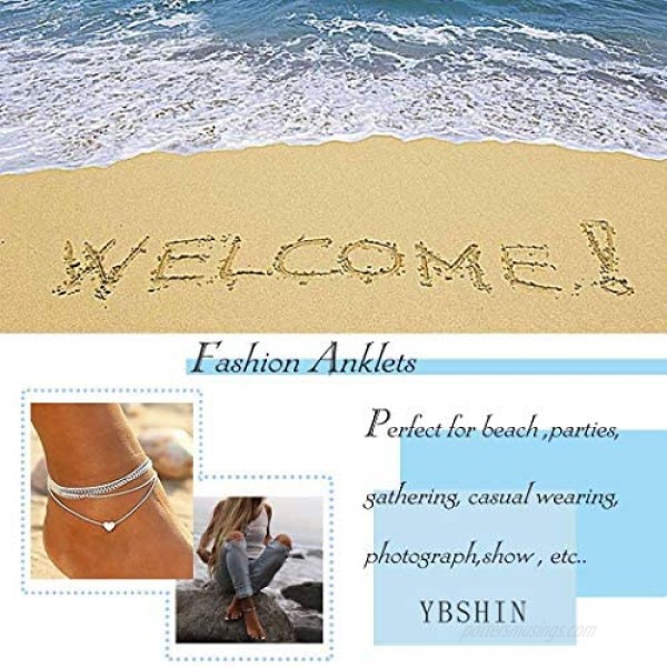 YBSHIN Boho Layered Anklets Silver Heart Ankle Bracelet Chain Beach Foot Jewelry for Women and Girls