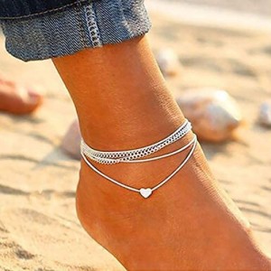 YBSHIN Boho Layered Anklets Silver Heart Ankle Bracelet Chain Beach Foot Jewelry for Women and Girls