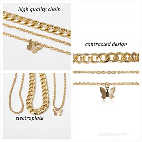 Yfstyle 3pcs Cuban Link Ankle Bracelets with Butterfly Anklet Set for Women Girls Adjustable Gold Silver Plated Bracelets for Summer Beach