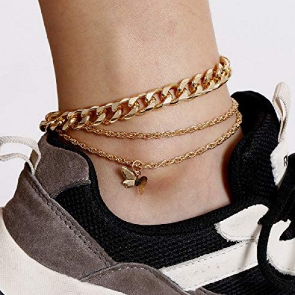 Yfstyle 3pcs Cuban Link Ankle Bracelets with Butterfly Anklet Set for Women Girls Adjustable Gold Silver Plated Bracelets for Summer Beach
