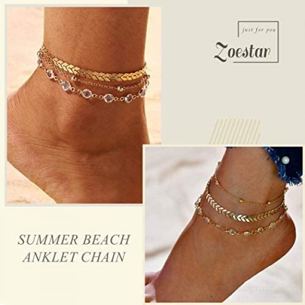 Zoestar Three-Layer Anklet Ankle Bracelet Foot Chain with Leaves Accessories Foot Jewelry for Women and Girls
