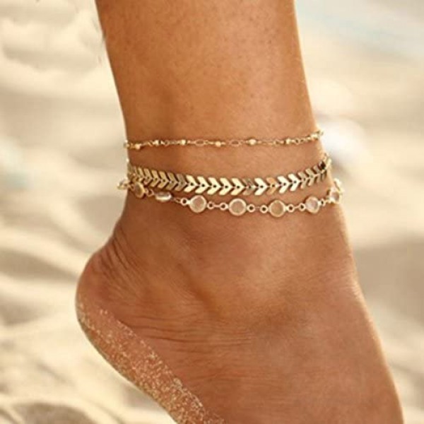 Zoestar Three-Layer Anklet Ankle Bracelet Foot Chain with Leaves Accessories Foot Jewelry for Women and Girls