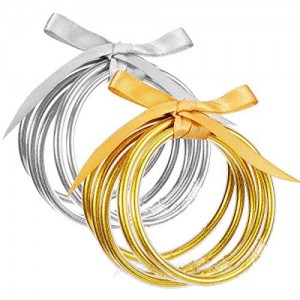 10 Pack Gold and Sliver Glitter Filled Party Bangles- Bowknot Glitter Filled Jelly Silicone Bangle Bracelet Lightweight Cute Fashion Bangles 5 Gold 5 Sliver Best Present Idea for Women Girls