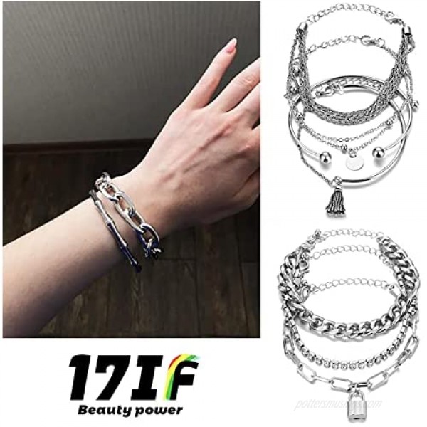 17IF 18 Pcs (6 Pack) Silver Bracelets Set for Women Girls Boho Chain Multiple Layered Stackable Bangle 14K Silver Plated Mothers Day Gift Open Adjustable Cuff Italian Cuban Charm Chunky Bracelet Jewelry for Love