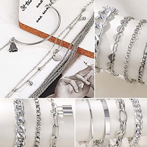 17IF 18 Pcs (6 Pack) Silver Bracelets Set for Women Girls Boho Chain Multiple Layered Stackable Bangle 14K Silver Plated Mothers Day Gift Open Adjustable Cuff Italian Cuban Charm Chunky Bracelet Jewelry for Love