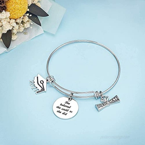 2021 Graduation Gift Graduation Cap Bangle Bracelet Compass Expandable Bracelet Inspirational Jewelry for Women She Believed She Could So She Did