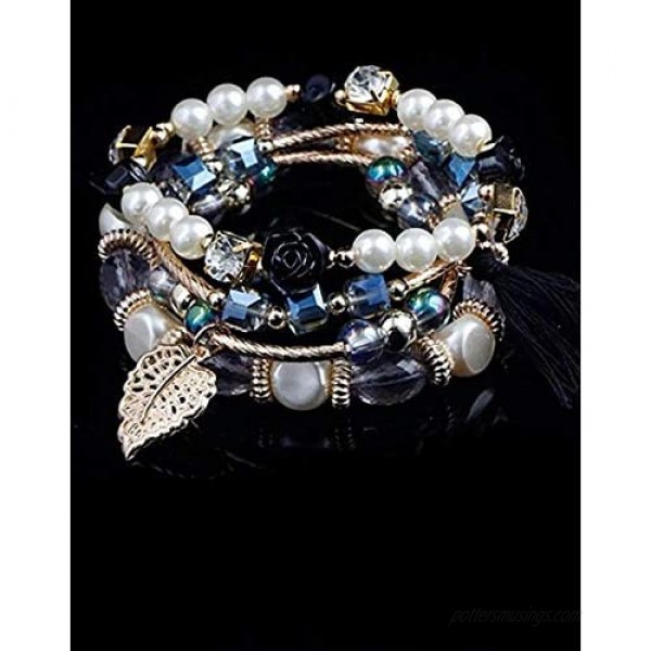 5 PACK Multilayer Bohemian Beaded Bangle Bracelet Crystal Charm Stretch Beach Stack-able Multi-color Boho Bracelets Jewelry Set