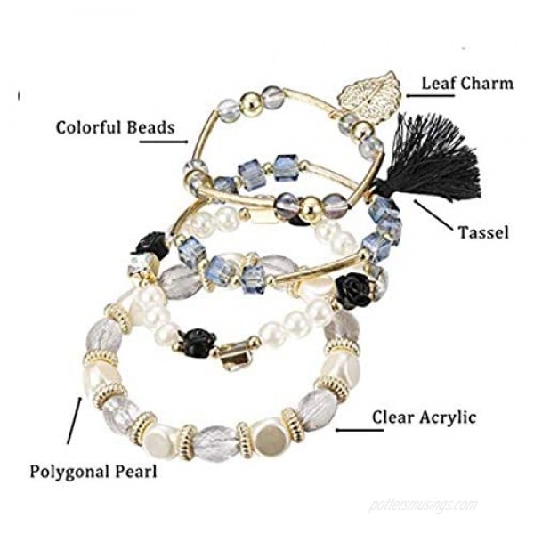 5 PACK Multilayer Bohemian Beaded Bangle Bracelet Crystal Charm Stretch Beach Stack-able Multi-color Boho Bracelets Jewelry Set