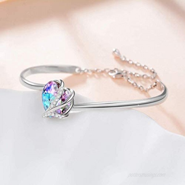 AOBOCO I Love You Jewelry - Sterling Silver Blue Purple Love Heart Bangle Bracelet Embellished with Crystals from Austria Fine Anniversary Birthday Jewelry Gifts for Women
