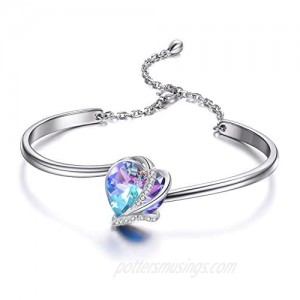 AOBOCO I Love You Jewelry - Sterling Silver Blue Purple Love Heart Bangle Bracelet Embellished with Crystals from Austria  Fine Anniversary Birthday Jewelry Gifts for Women