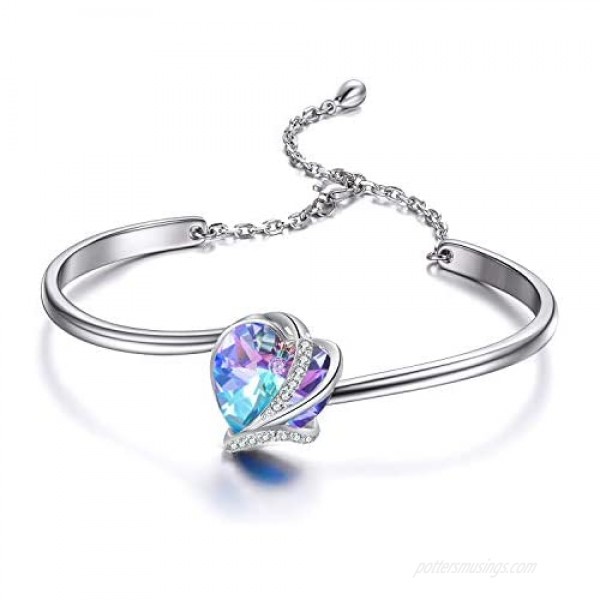 AOBOCO I Love You Jewelry - Sterling Silver Blue Purple Love Heart Bangle Bracelet Embellished with Crystals from Austria Fine Anniversary Birthday Jewelry Gifts for Women