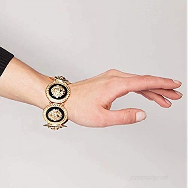 D-Fokes Celebrity Style Inspired Trendy Gold Black Lion Head Medallion Chunky Stretch Bangle Bracelet