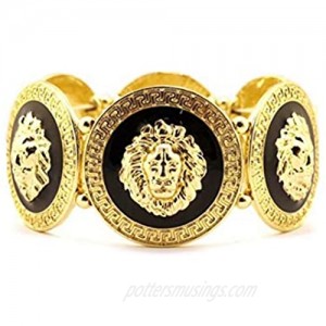 D-Fokes Celebrity Style Inspired Trendy Gold Black Lion Head Medallion Chunky Stretch Bangle Bracelet