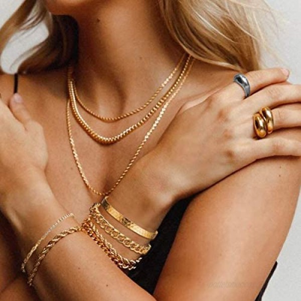 Gold Cuban Chain Bracelet Set & Open Dome Rings Set 14K Gold Plated Cuff Bangles Bracelets for Women Girls (9PCS)