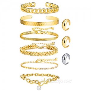 Gold Cuban Chain Bracelet Set & Open Dome Rings Set 14K Gold Plated Cuff Bangles Bracelets for Women Girls (9PCS)