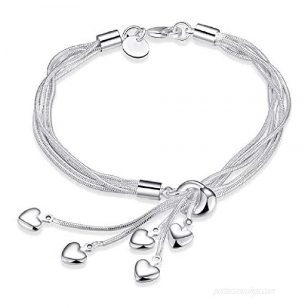 Harlorki Women Lady's 925 Silver Plated Love Heart Pendent Charm Wrist Chain Bracelet Bangle Fashion Jewelry