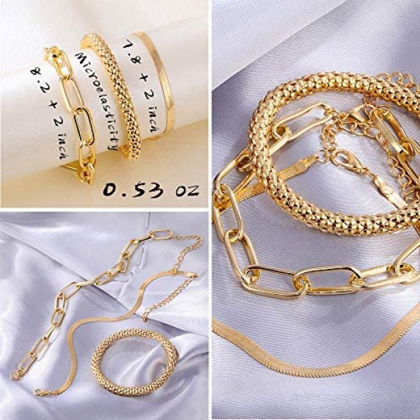 IFKM 6 PACK (24 PCS) Boho Gold Chain Bracelets Set for Women Girls 14K Gold Plated Multiple Layered Stackable Open Cuff Wrap Bangle Adjustable Link Italian Cuban Jewelry for Women Girls Gift