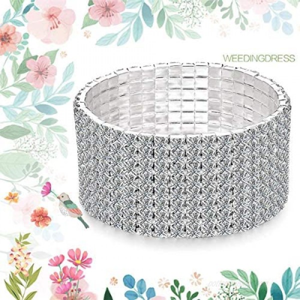 JEWMAY Yumei Jewelry 8 Strand Rhinestone Stretch Bracelet Silver-tone Sparking Tennis Bracelet