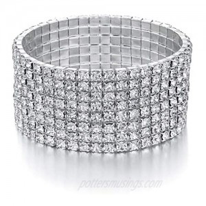 JEWMAY Yumei Jewelry 8 Strand Rhinestone Stretch Bracelet Silver-tone Sparking Tennis Bracelet