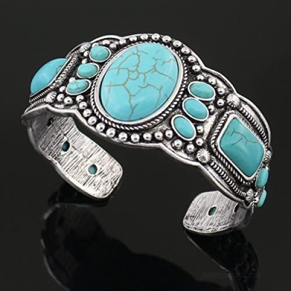 jianxi Women's Antique Rgentium Plated Base Heart Compressed Turquoise Bracelet Cuff Bangle Fashion Jewelry