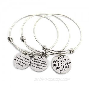 L.Beautiful 3 Pack Women Engraved Message Inspirational Words Round Charm Bracelets Set Expandable Silver Plated Stainless Steel Motivational Bangle Bracelet with Gift Box