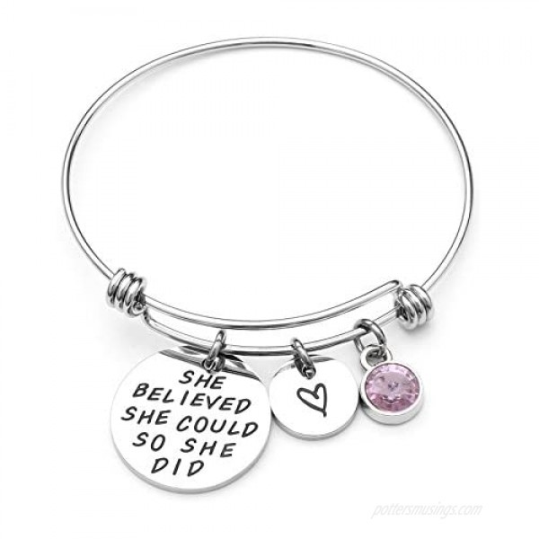LIUANAN She Believed She Could So She Did Expandable Bangle Birthstone Charm Stainless Steel Cuff Bracelet