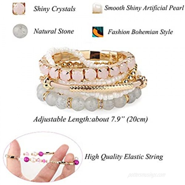 LOYALLOOK 6 Sets Bohemian Stackable Bead Bracelets for Women Stretch Bangles Bohemian Style Stretch Multilayered Bracelet Set