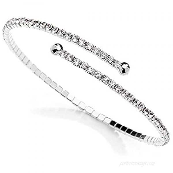 Mariell Austrian Crystal Rhinestone Silver Cuff Bracelet 1-Row Fashion Bangle - Wedding Prom Bridesmaid